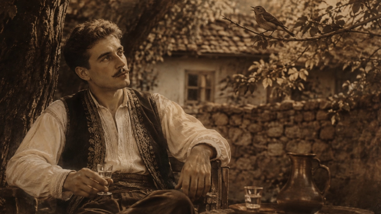 Mladić u tradicionalnoj nošnji sedi u dvorištu stare kuće.